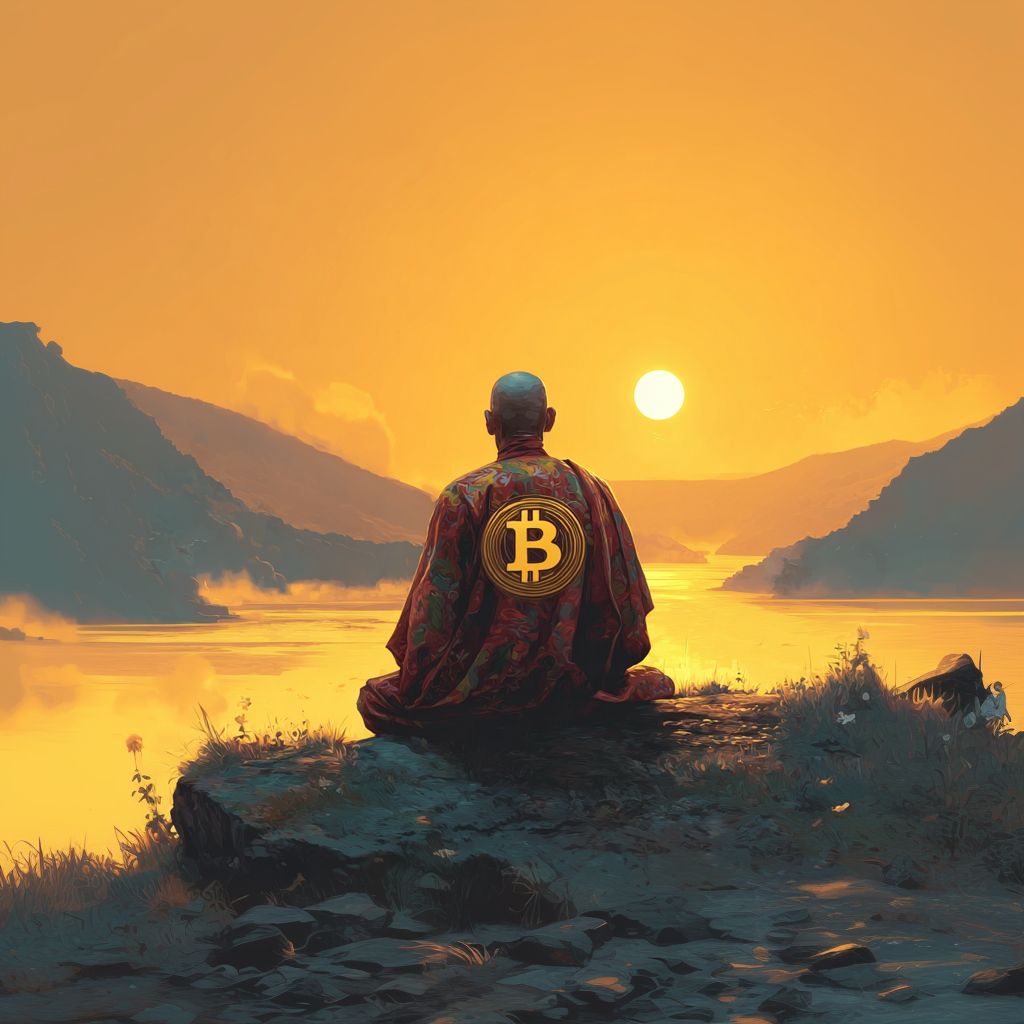 A monk in meditation at sunrise, a Bitcoin emblem on the robe — stillness and sovereignty